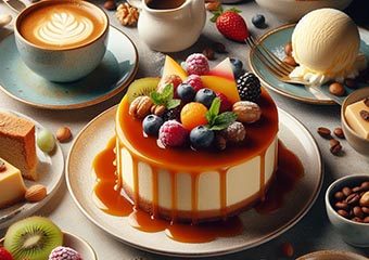 Una tarta de queso con caramelo rodeada de un plato con frutas,  nata montada,  helado de vainilla, un café y otros platos con frutos secos